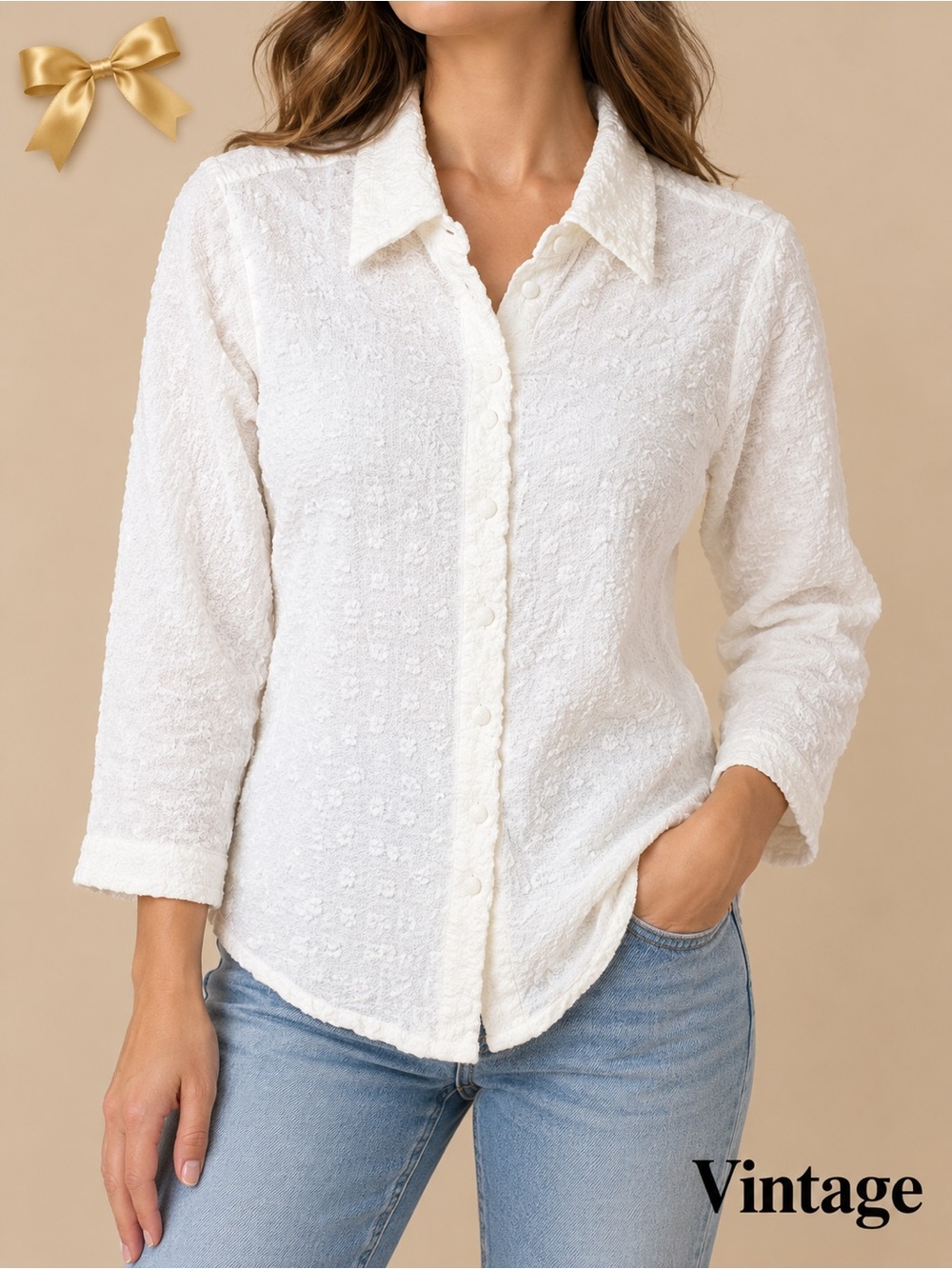 SOFTWEAR by Mark Singer White Textured 3/4 Sleevea Blouse Vintage Small